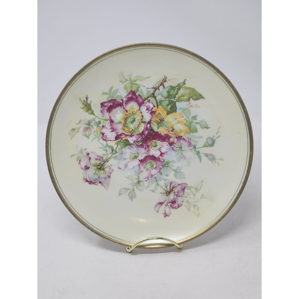 Vintage O & EG Royal Austria Decorative Floral Plate Signed‎ 9" Dia. Gold Edge
